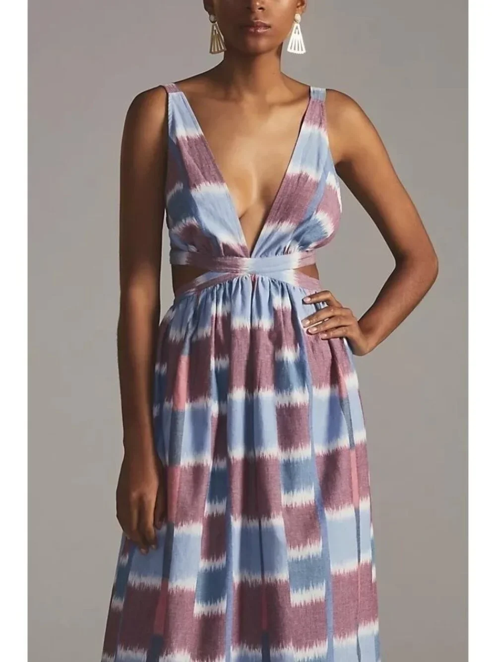 Anthropologie Deep V Strappy Back Tie Midi Dress - Picture 2 of 6